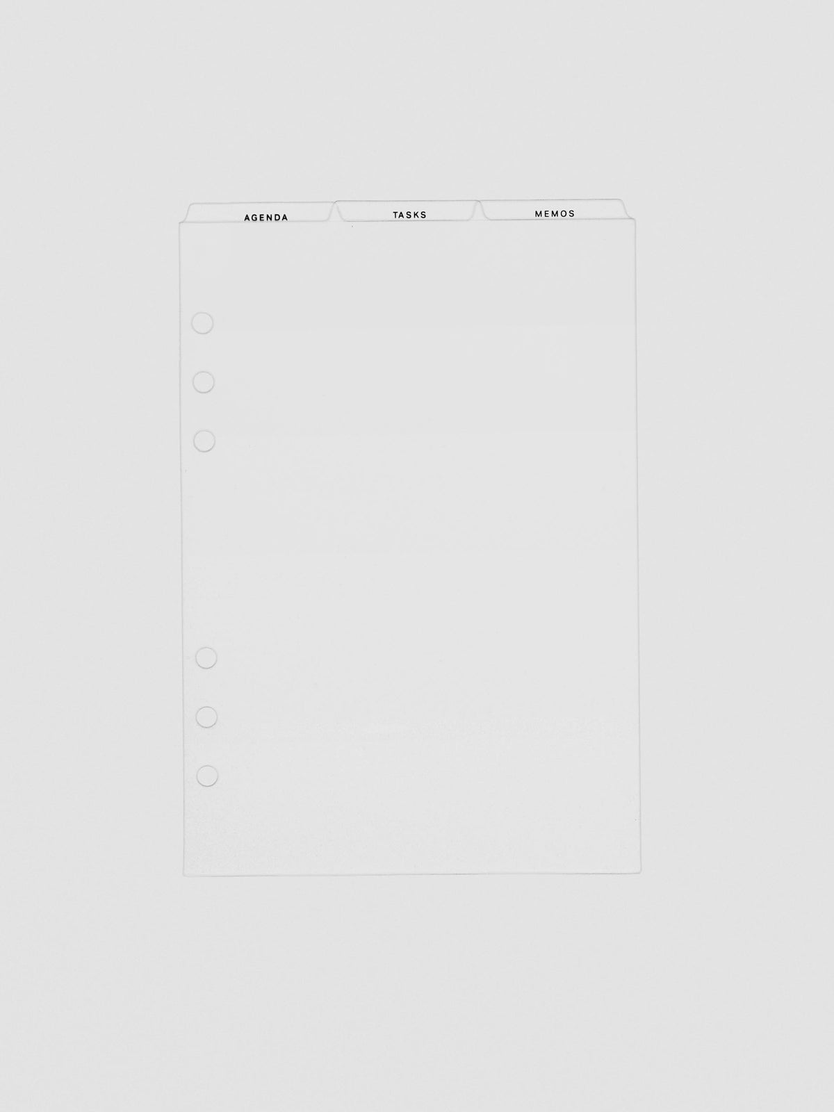 Ultra-thin clear planner dividers with top tabs labeled Agenda, Tasks, and Memos. Features six-hole punches on the side for binder compatibility.