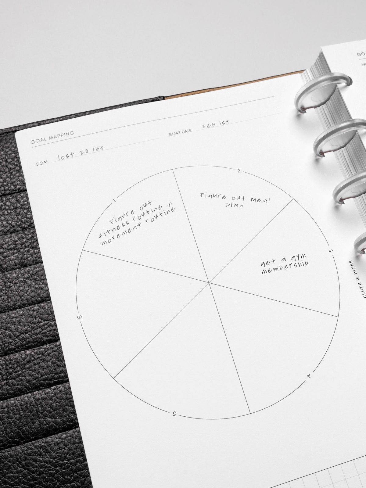 Close up of Goal Mapping inserts inside discbound planner and leather cover. 