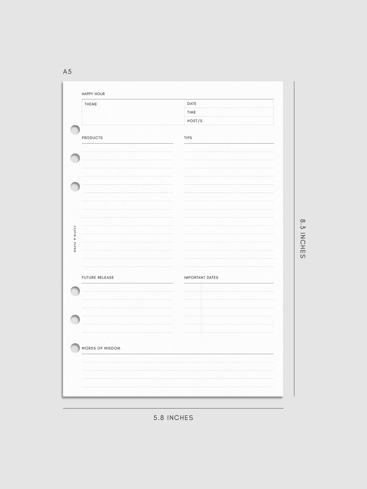 Mockup of Happy Hour Notes Inserts in A5 6-Ring