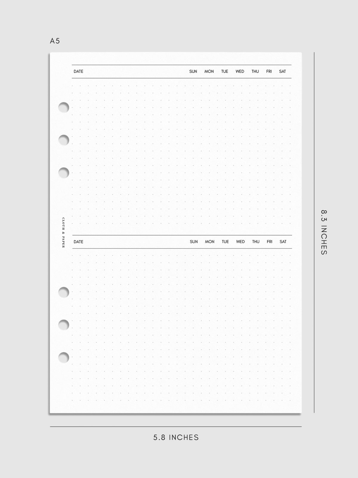 Digital mockup of insert in A5 sizing. Page shown is the dot grid journaling section. 