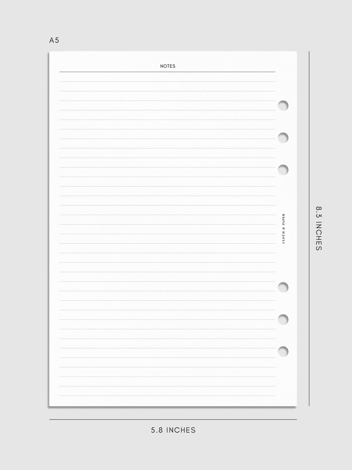 Digital mockup of insert in A5 sizing. Page shown is lined notes section. 