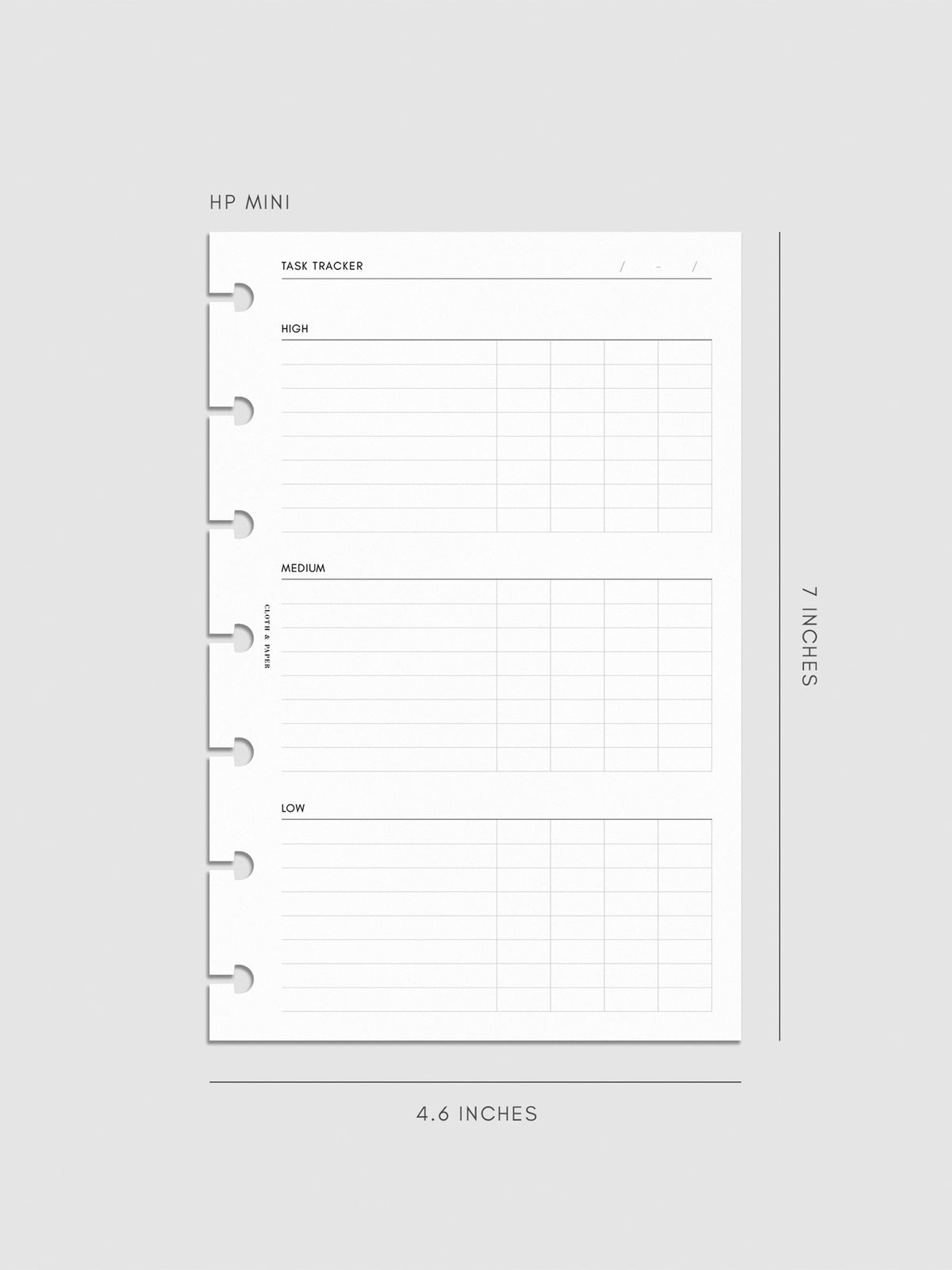 Digital mockup of the Kanban Task Tracker Planner Inserts showing sections for high, medium, and low priority tasks. Size shown is HP Mini.