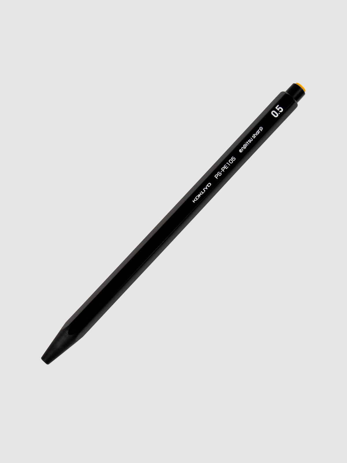 Kokuyo Enpitsu Sharp Mechanical Pencil, 0.5, Black, Cloth and Paper. Pencil turned to the right against a neutral background.