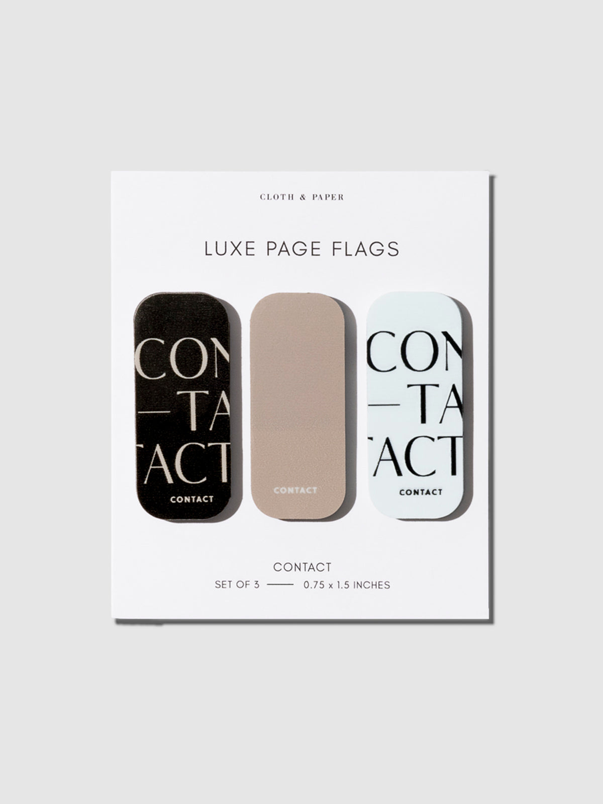 Luxe page flags on their backing on a neutral background. The text on the left and right flag read "contact" repeated multiple times.