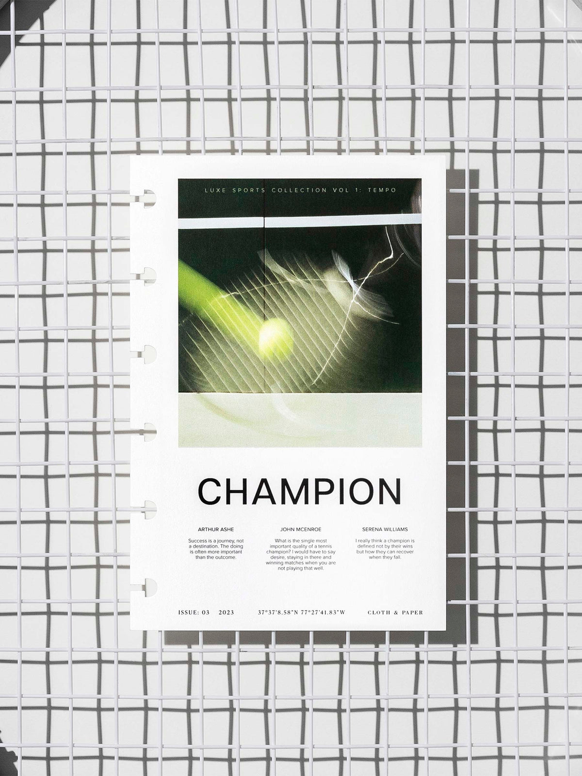 Champion  dashboard displayed on a tennis racket's netting. Size shown is CP Petite. 