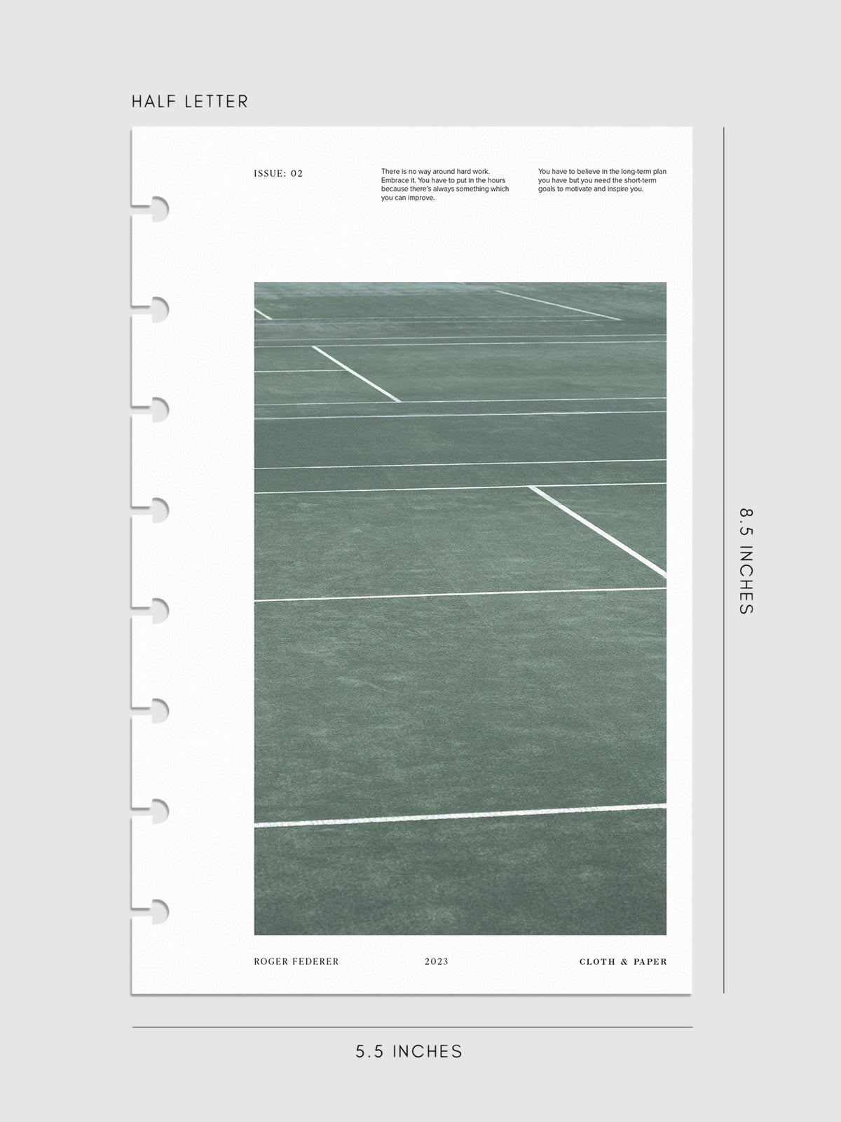 Digital mockup of Full Court dashboard in Half Letter. 