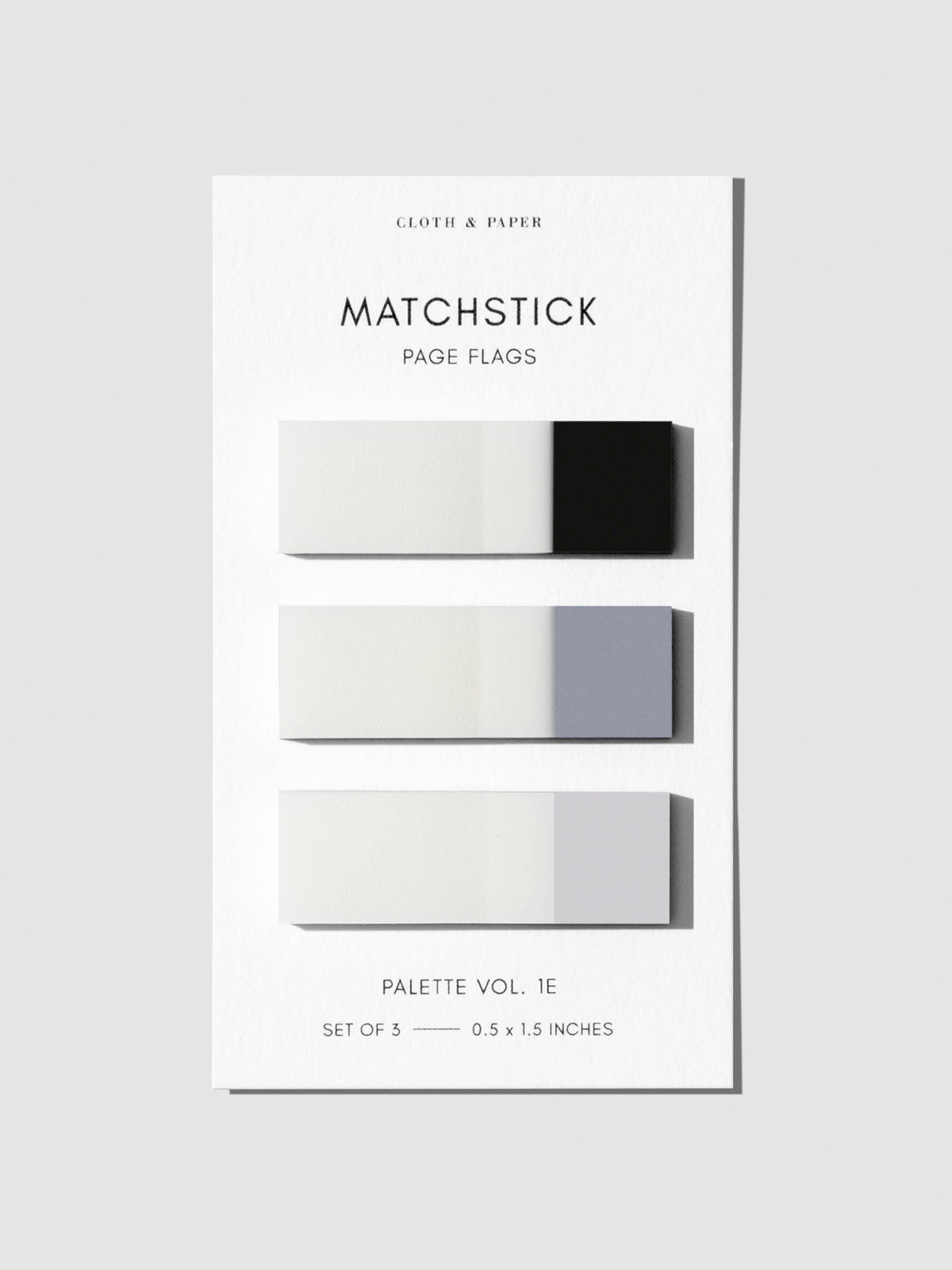 Matchstick Page Flag Set, Palette Vol. 1E, Avant Garde, Fog, and Aspen, Cloth and Paper. Page flags on their backing a neutral background.