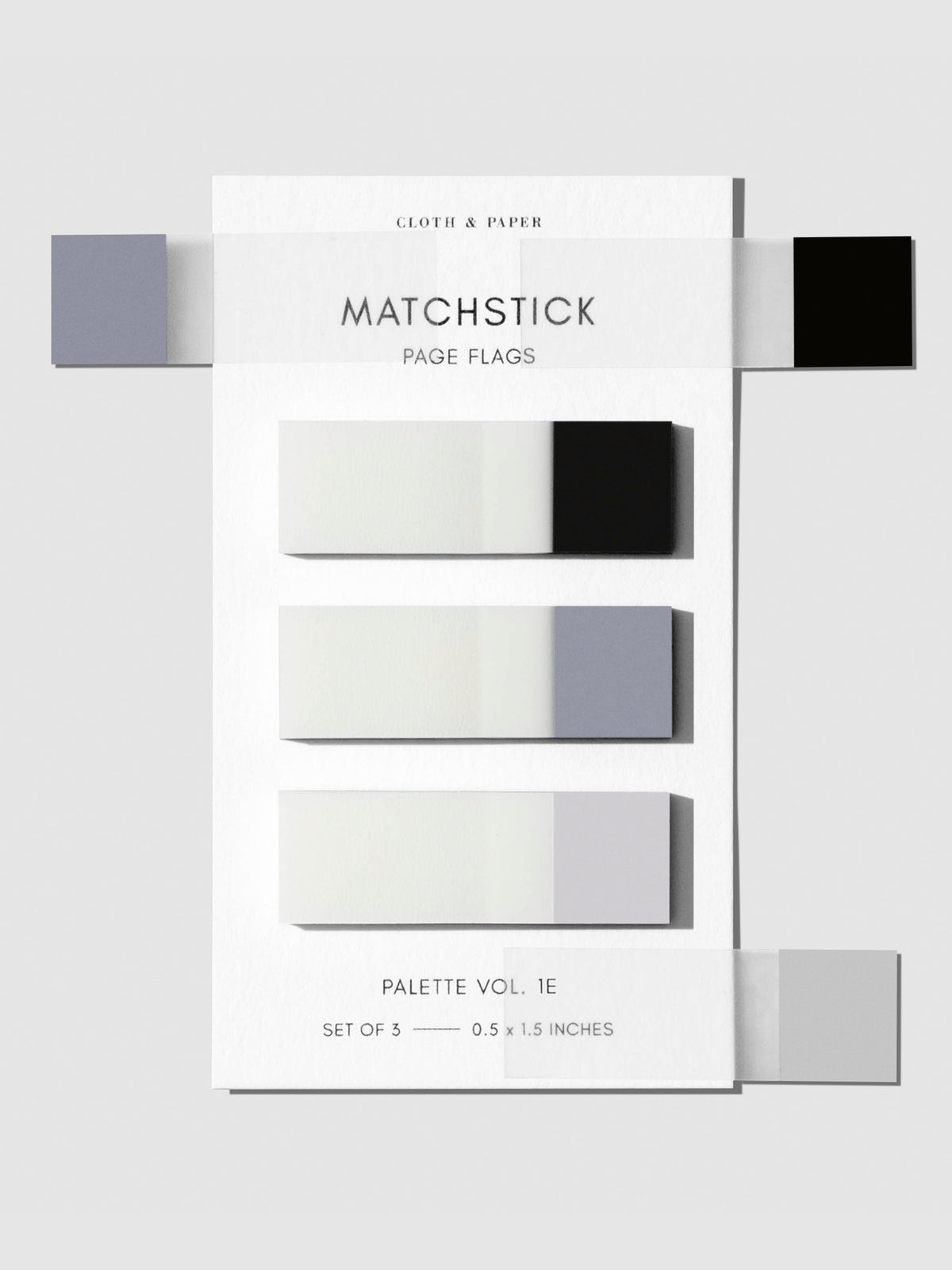 Matchstick Page Flag Set, Palette Vol. 1E, Avant Garde, Fog, and Aspen, Cloth and Paper. Page flags on their backing with one page flag of each color stuck to the right side of the backing