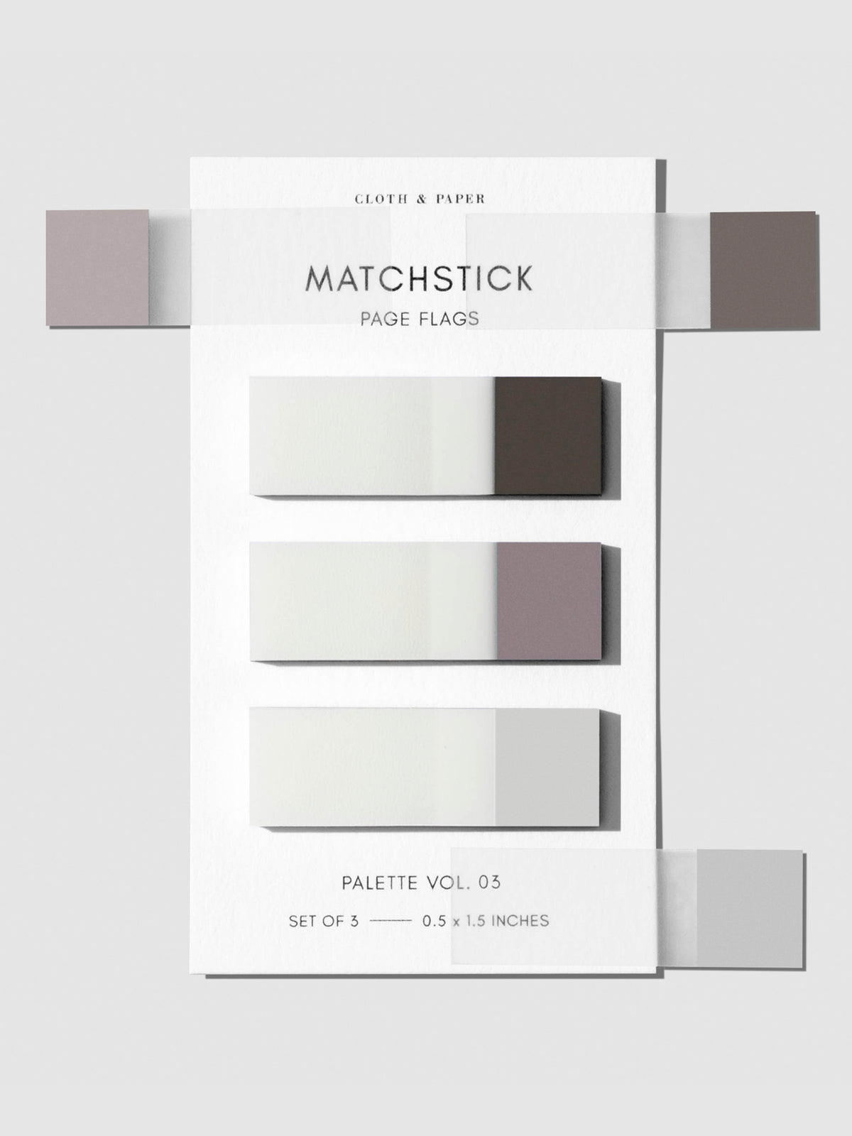 Matchstick Page Flag Set, Palette Vol. 03, Cortado, Au Lait, and Angora, Cloth and Paper. Set of matchstick page flags against a white background with samples of each page flag stuck to the backing.