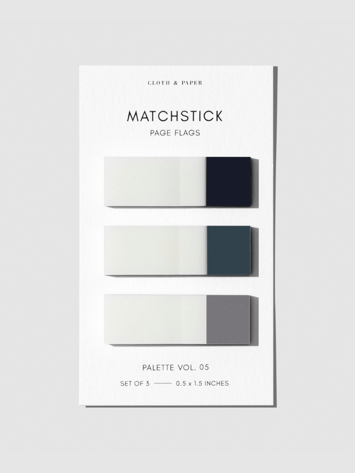 Matchstick Page Flag Set, Palette Vol. 5, Apollo, Juniper, and Verona, Cloth and Paper. Page flags on their backing against a neutral background.
