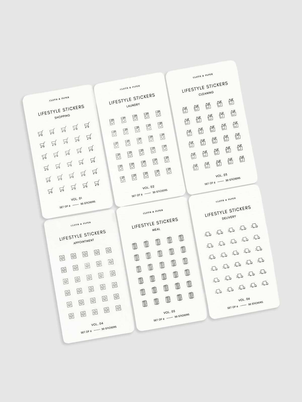 Six sticker designs - shopping, laundry, cleaning, appointment, meal, and delivery - are arranged in a grid tilted slightly to the left on a neutral background.