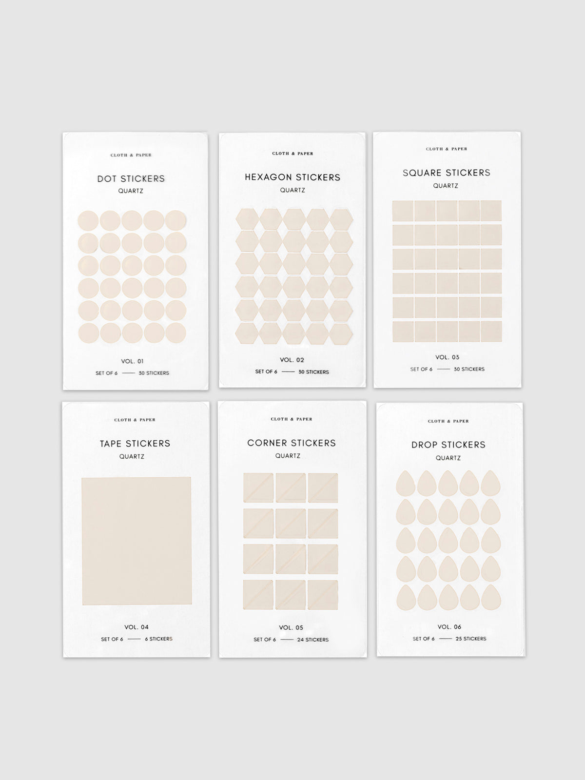 Mini Shape Sticker Set, Transparent, Quartz, Cloth and Paper. 6 different shapes of stickers laid out against a neutral background.