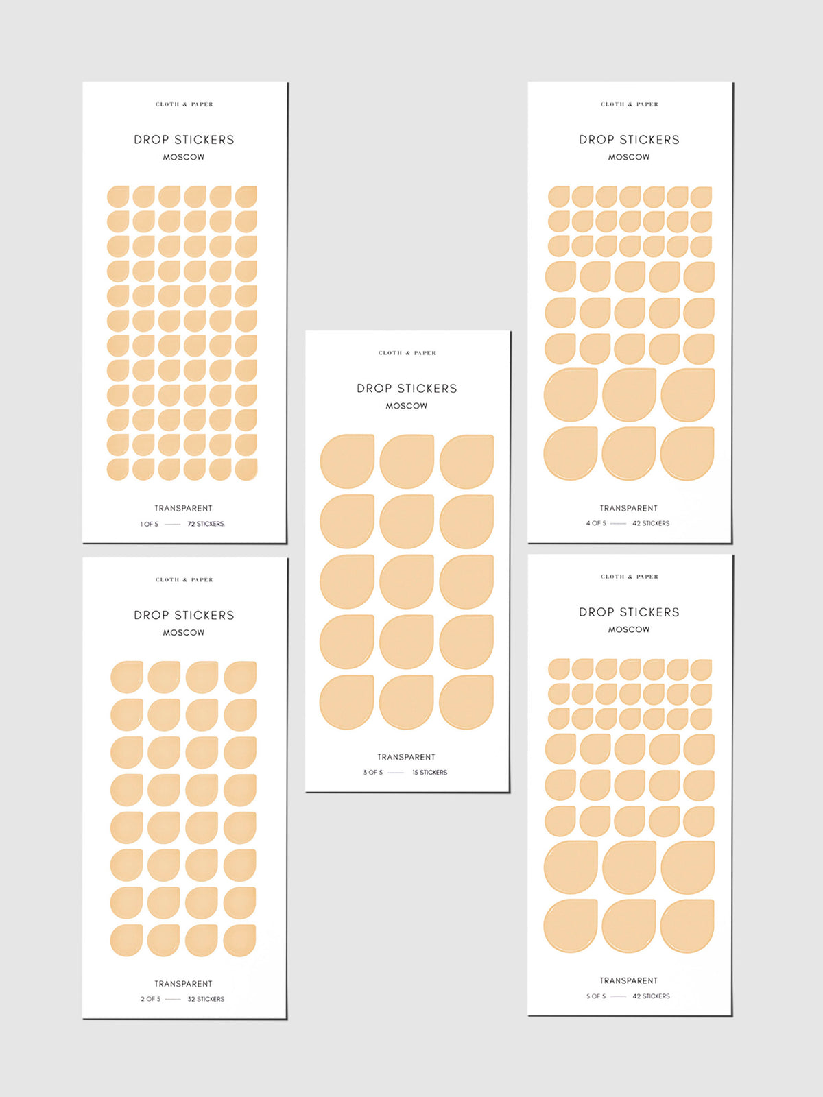 Set of five sticker sheets shown on a gray background. Color shown is Moscow.