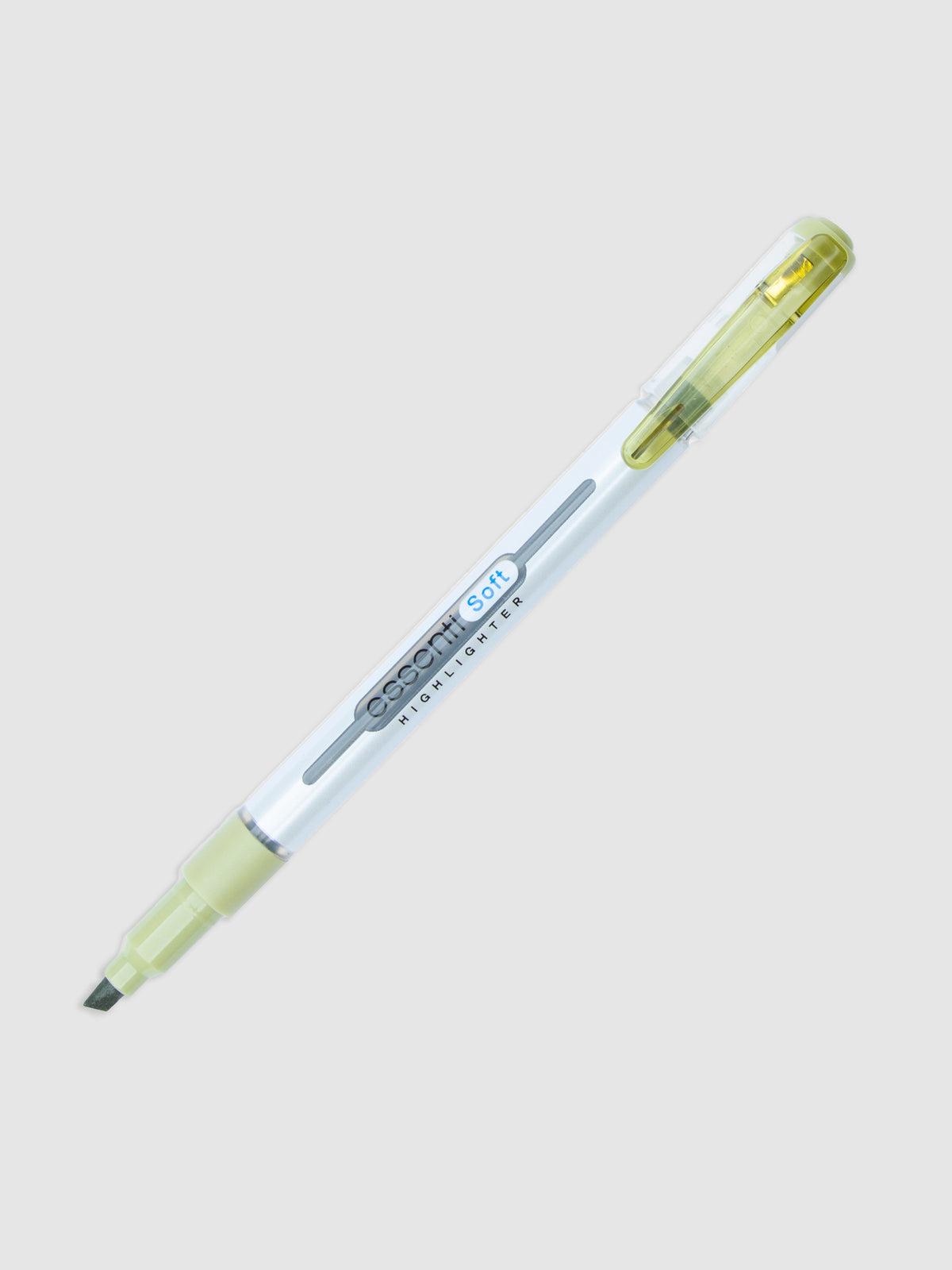 Pastel Olive Highlighter uncapped with the cap posted to the back of the highlighter, turned to the right against a neutral background.