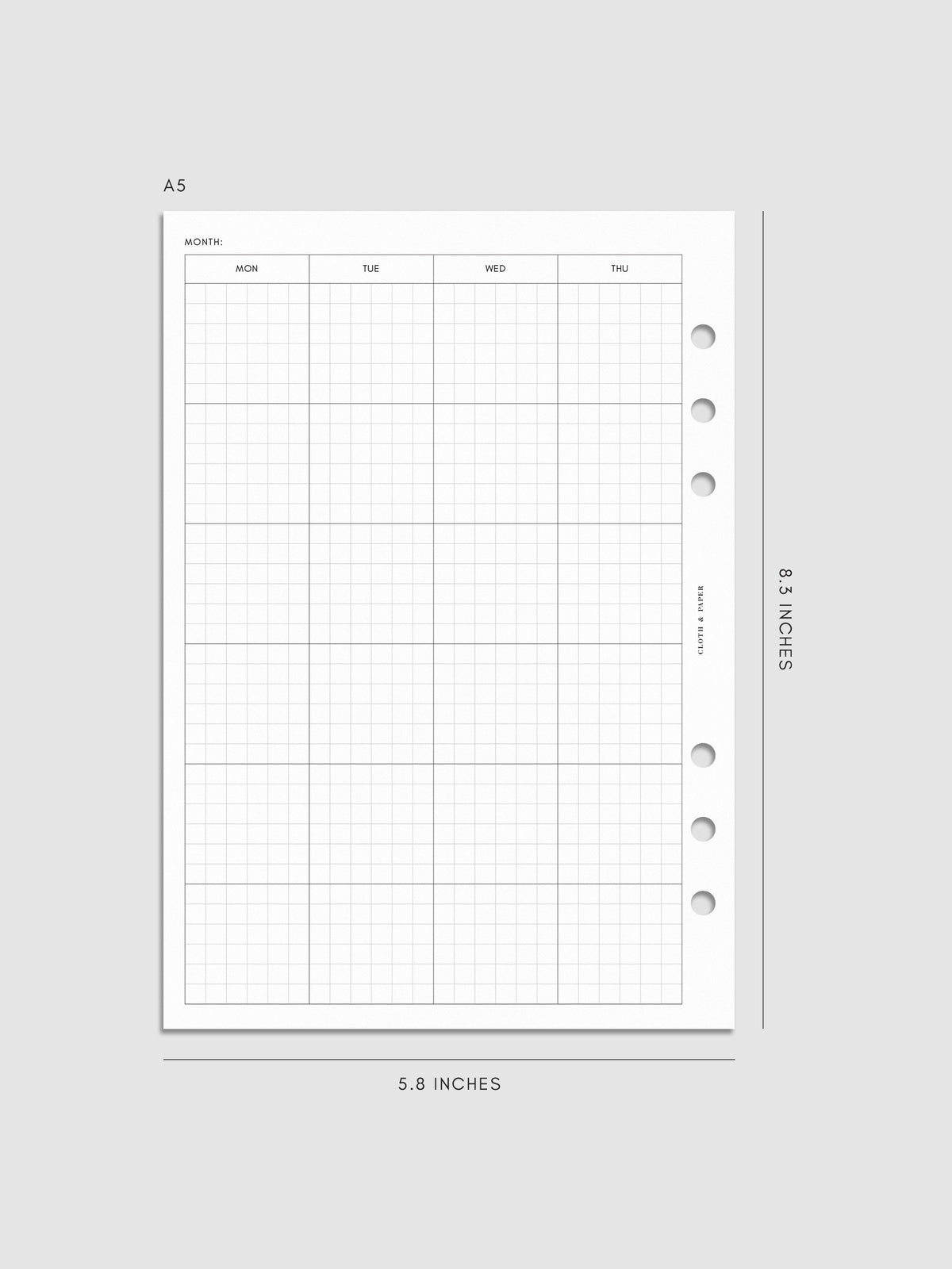 One page of Monthly Graph Planner Inserts in size A5 with graph note style calendar.