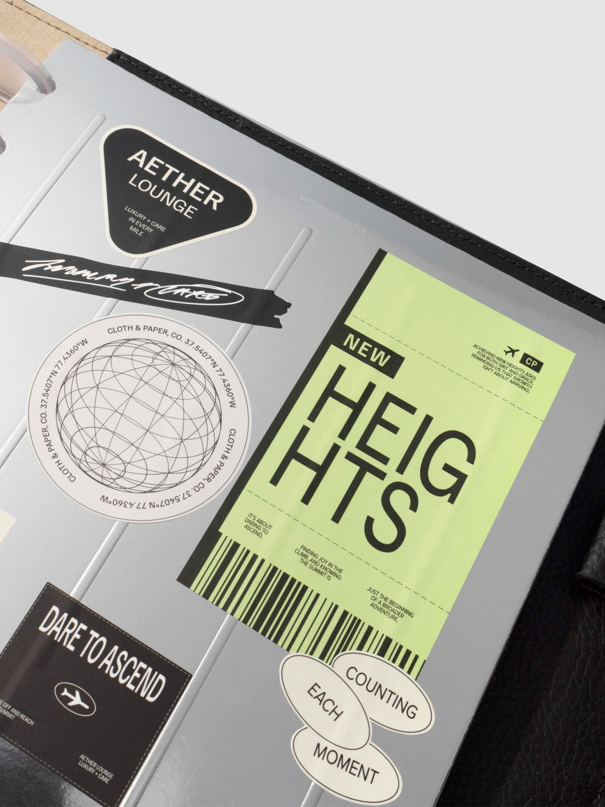 Closeup of dashboard in a black leather planner displayed on a neutral background. Size shown is HP Classic.