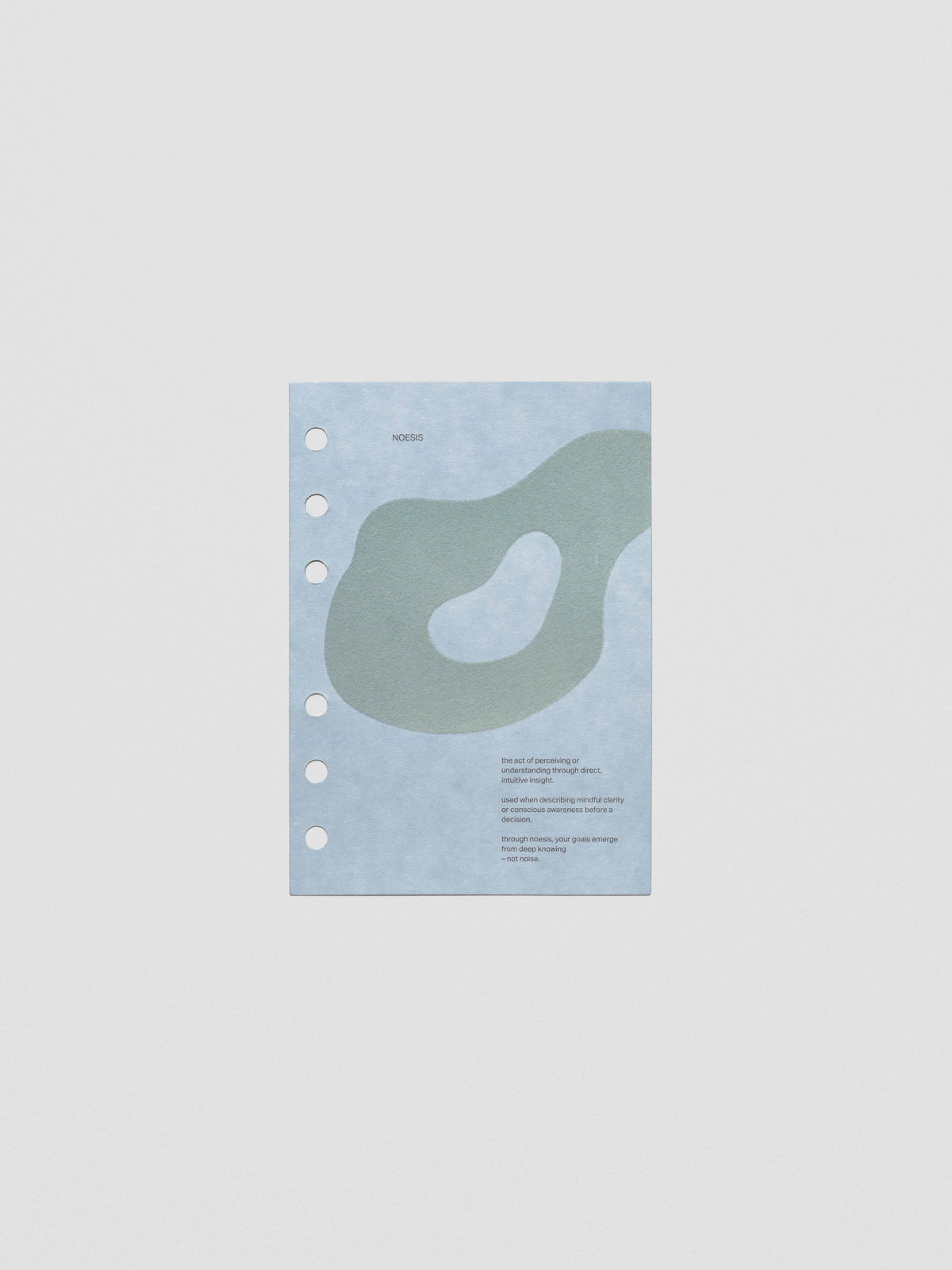 Blue speckle cardstock planner dashboard with organic shape design flocked in blue-green with text design shown in A6 size.