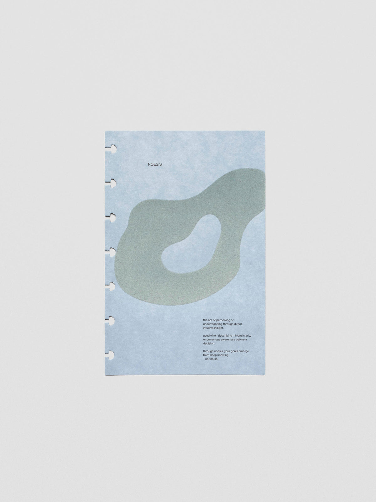 Blue speckle cardstock planner dashboard with organic shape design flocked in blue-green with text design shown in HP Mini size.