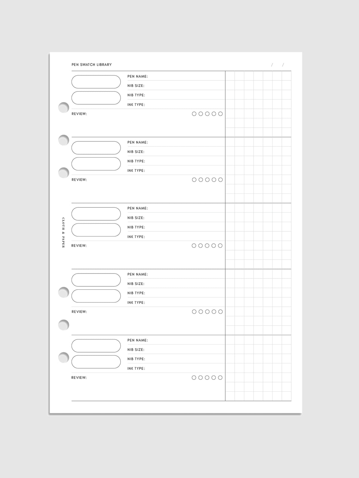 Pen Swatch Planner Inserts, Cloth and Paper. Digital mockup of insert in A5 sizing.