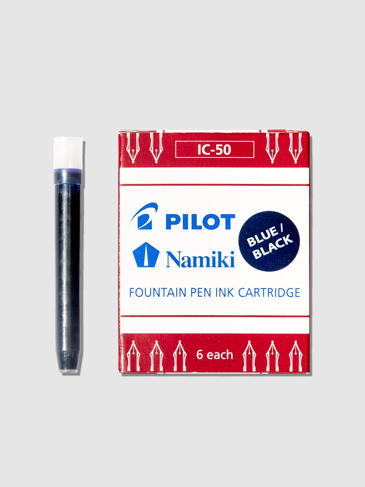 One ink cartridge displayed next to its packaging on a neutral background. Color shown is blue black. 