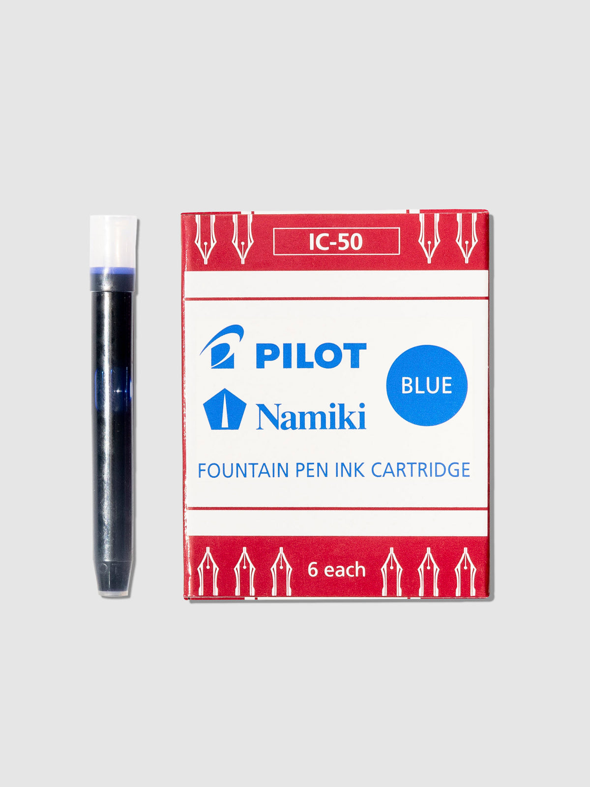 One ink cartridge displayed next to its packaging on a neutral background. Color shown is blue. 