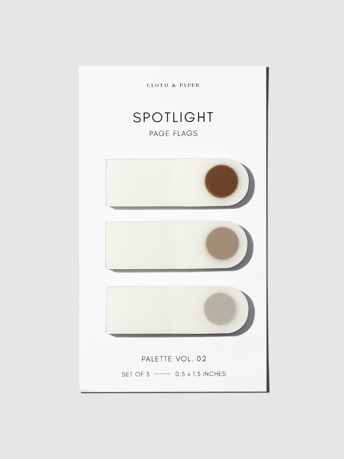 Spotlight Page Flag Set, Palette Vol. 02, Saddle, Moscow, and Crepe, Cloth and Paper. Set of spotlight page flags against a nuetral background.