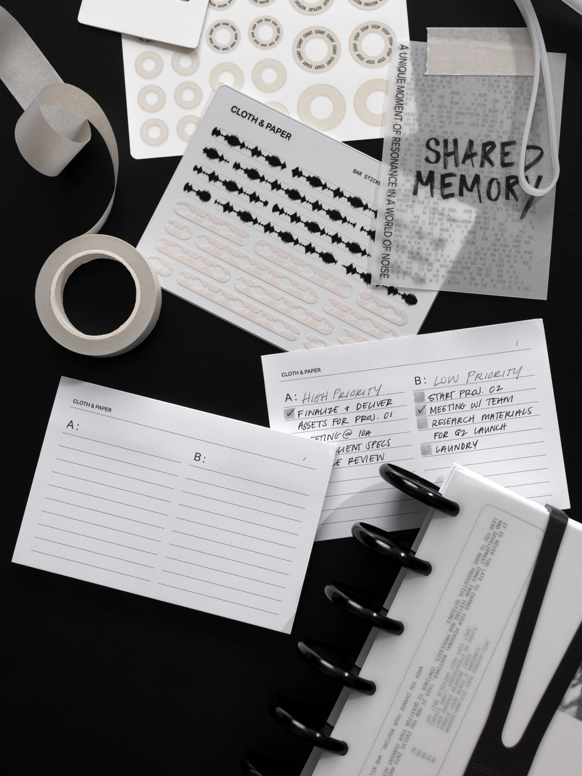 Tracklist Sticky Notes shown on a black background alongside other Cloth & Paper products.