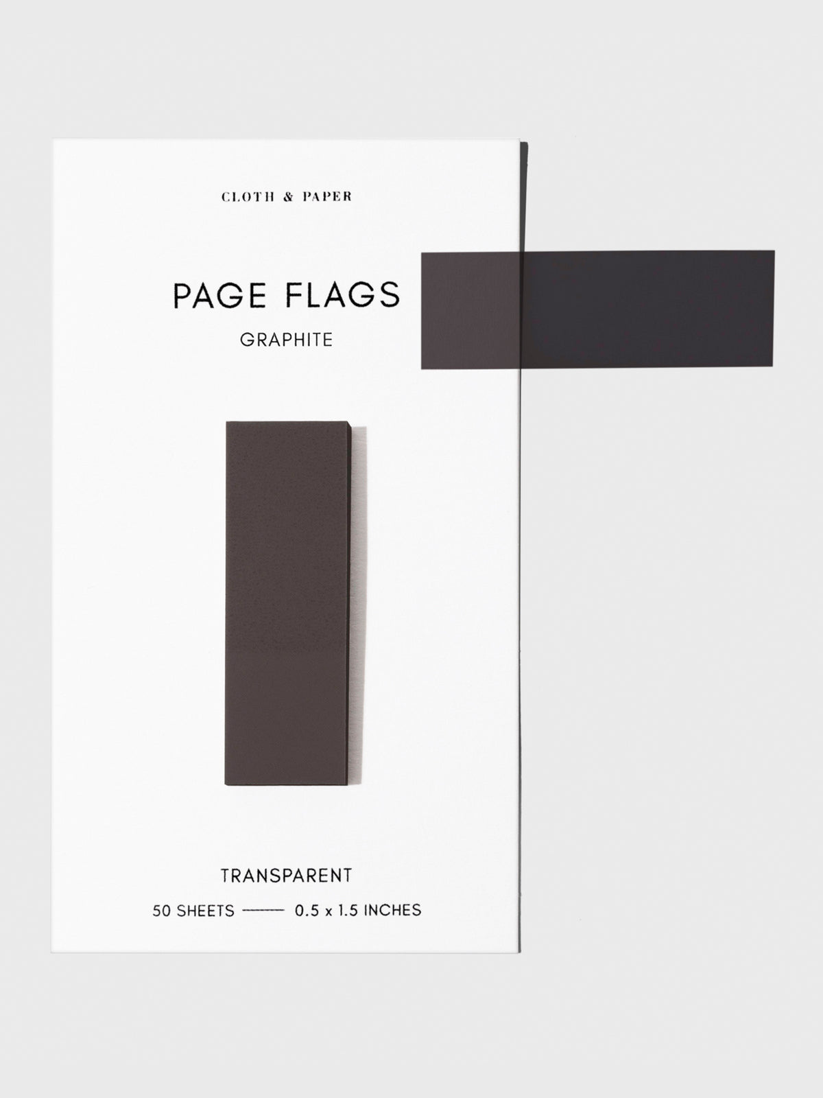 Page flags on their backing with one flag removed and attached to the backing to show its transparency. Color shown is Graphite.