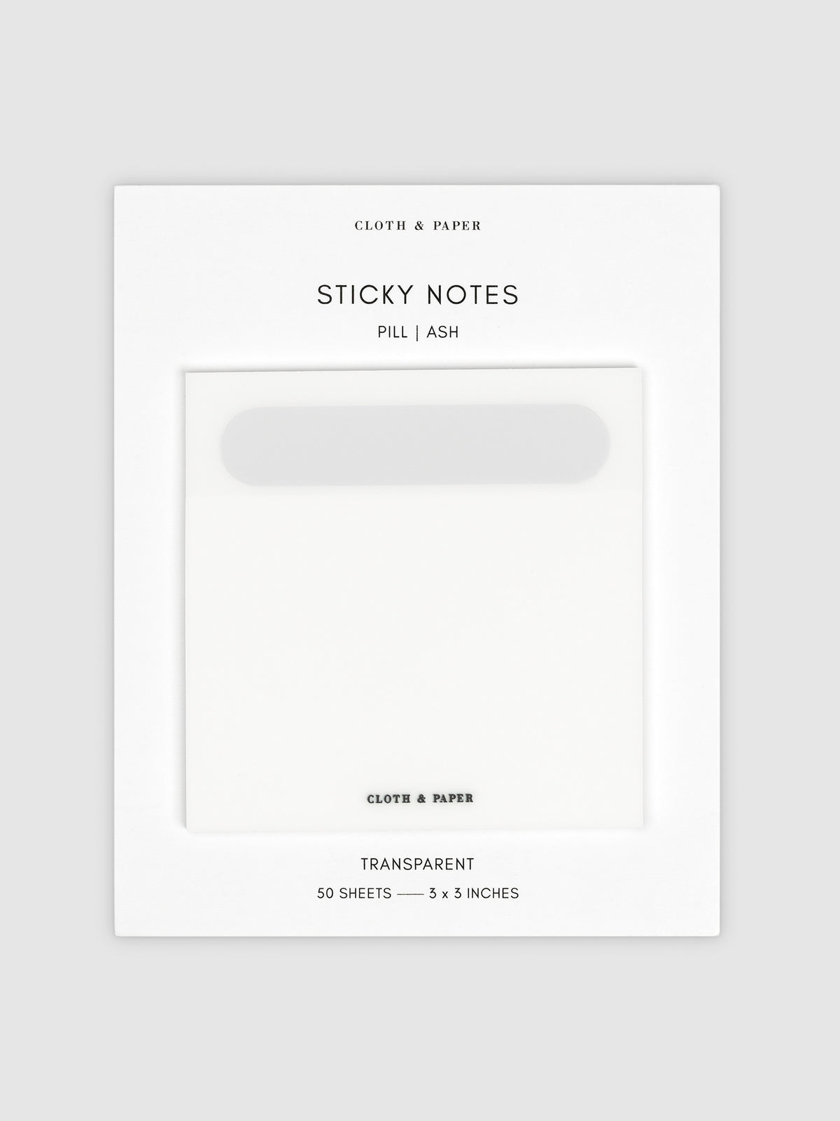 Transparent Pill Tab Sticky Notes, Ash, Cloth and Paper. Sticky notes on their backing displayed on a neutral background. 