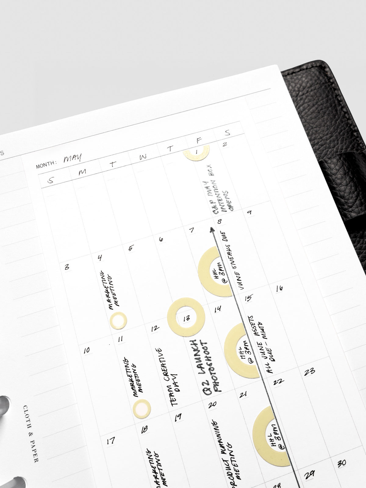 Detail view of the calendar monthly overview large sticky notes with stickers and handwritten notes applied