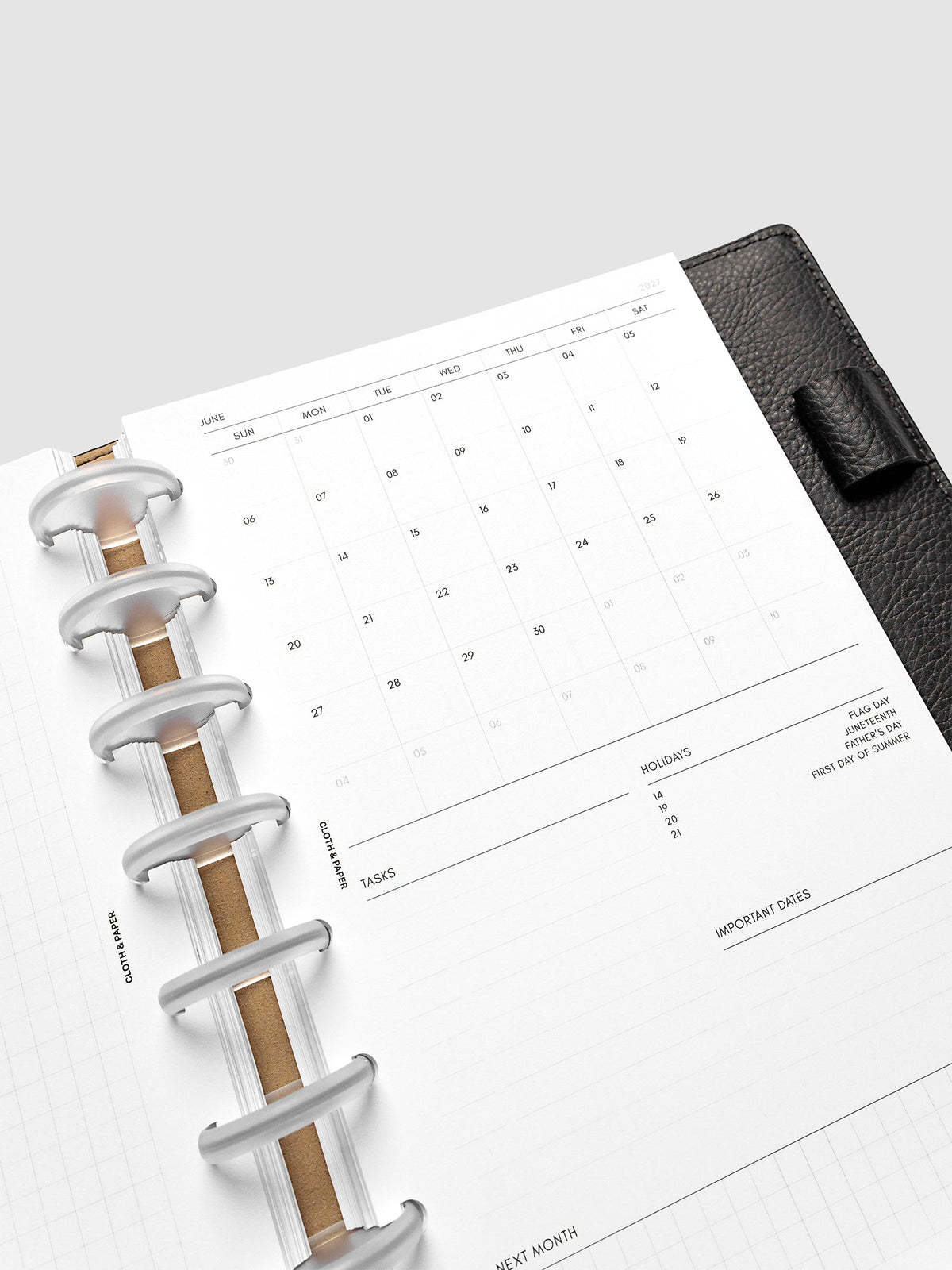 Close-up of the monthly admin right page in the 2027 Dated Monthly Admin Inserts, Half Letter 8-Disc Punch discbound size, showing the Sunday start calendar, task section, holiday reference, important dates, and next month preview.
