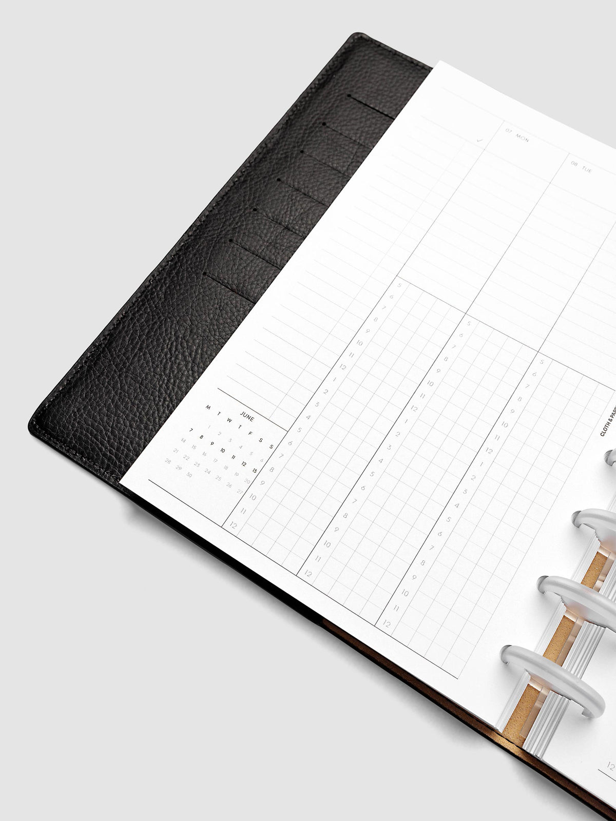 Half Letter 8-Disc Punch left page detail showing task column, mini monthly calendar, and lined section in a planner