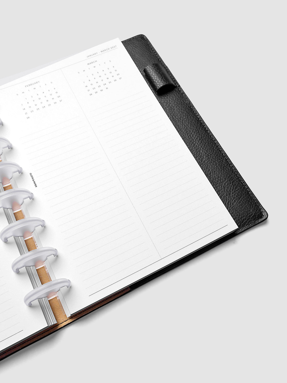 2027 Dated Yearly Overview Planner Inserts Sunday Start, Half Letter 8-Disc Punch, close-up of the bottom of the right page showing the remaining monthly calendar view with notes section