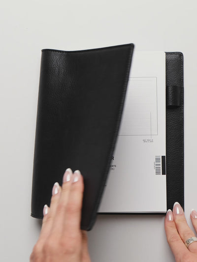The A5 6-Ring Punch Personal Curriculum Planner Inserts open in a black leather ring bound planner to the index spread, four skill entries with purpose and due date on the left and a lined notes page on the right